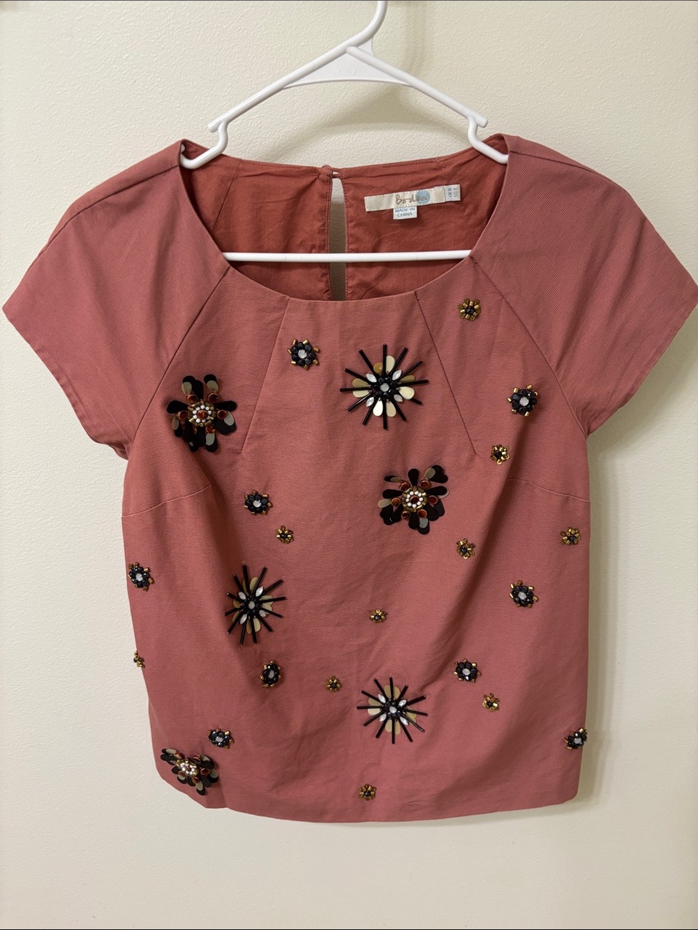 Boden Dusty Rose Jewel Embellished Beaded Floral Short Sleeve Top 100% Cotton